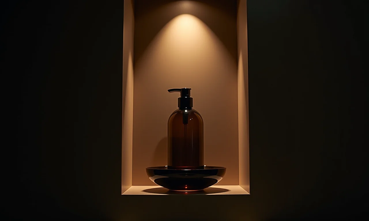 Porta shampoo de vidro fumê em nicho sofisticado.