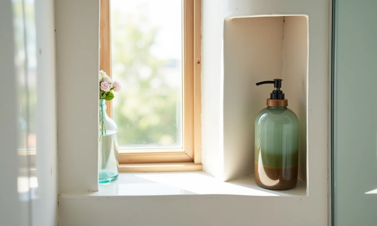 Porta shampoo de vidro incolor em nicho iluminado.