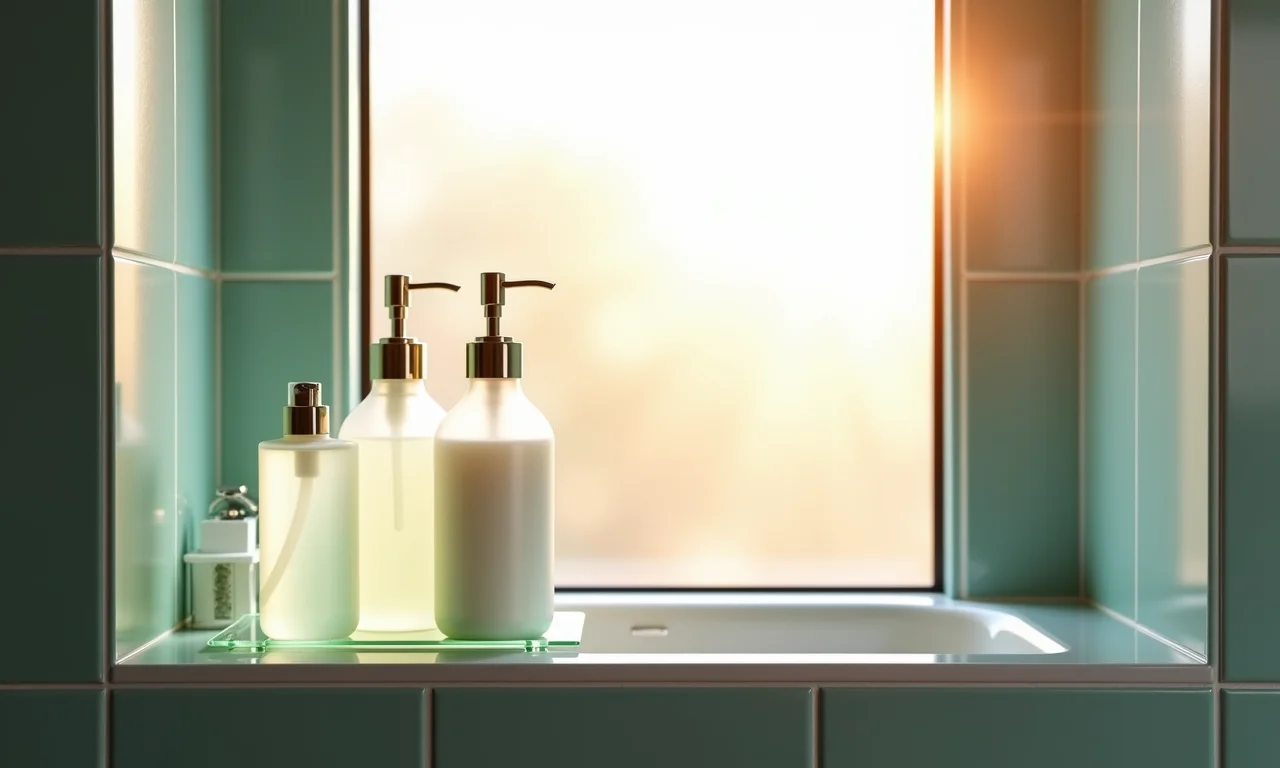 Porta shampoo de vidro jateado em nicho iluminado.