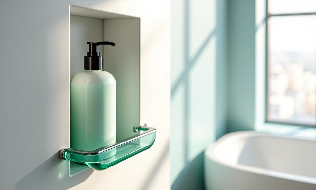 Porta shampoo de vidro sob medida em nicho irregular.