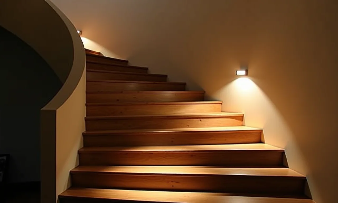 Posicionamento estratégico das luzes na escada, segurança e estética.