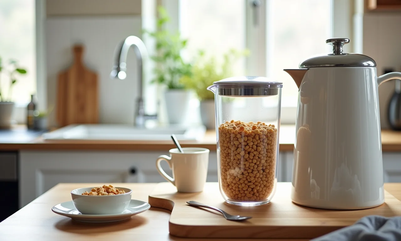 Pote de acrílico com dosador para cereal em cozinha moderna.