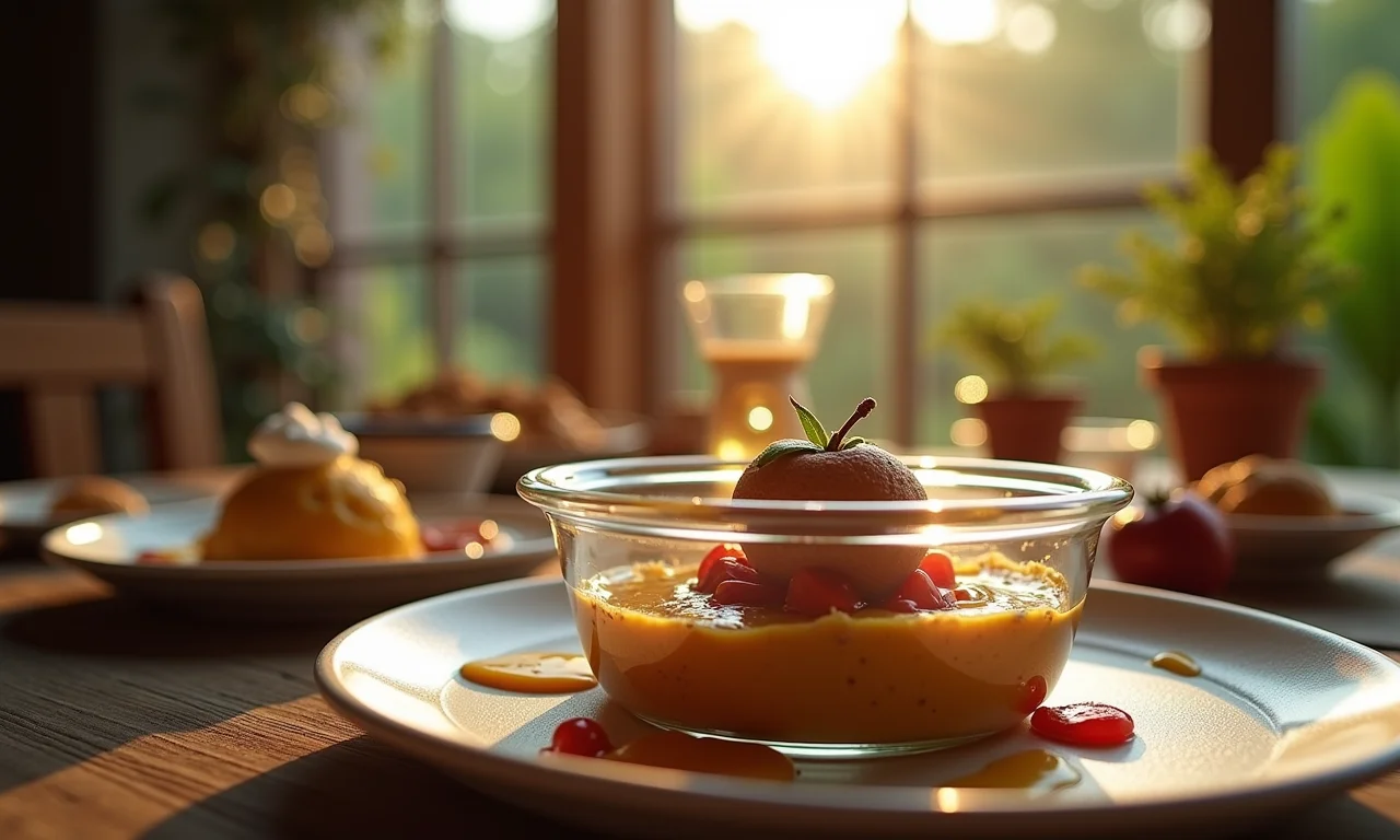 Pote de vidro Marinex com sobremesa em mesa de jantar.