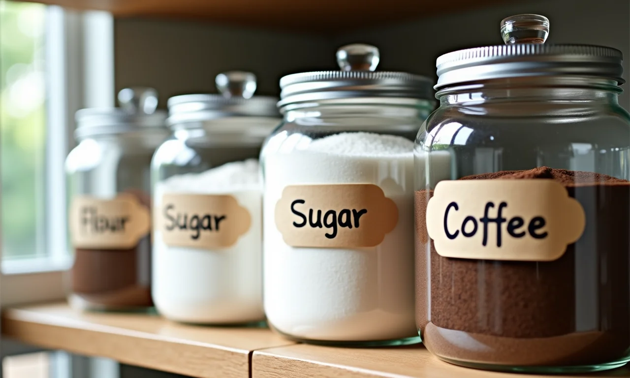 Potes de acrílico com etiquetas manuscritas, contendo farinha, açúcar e café.