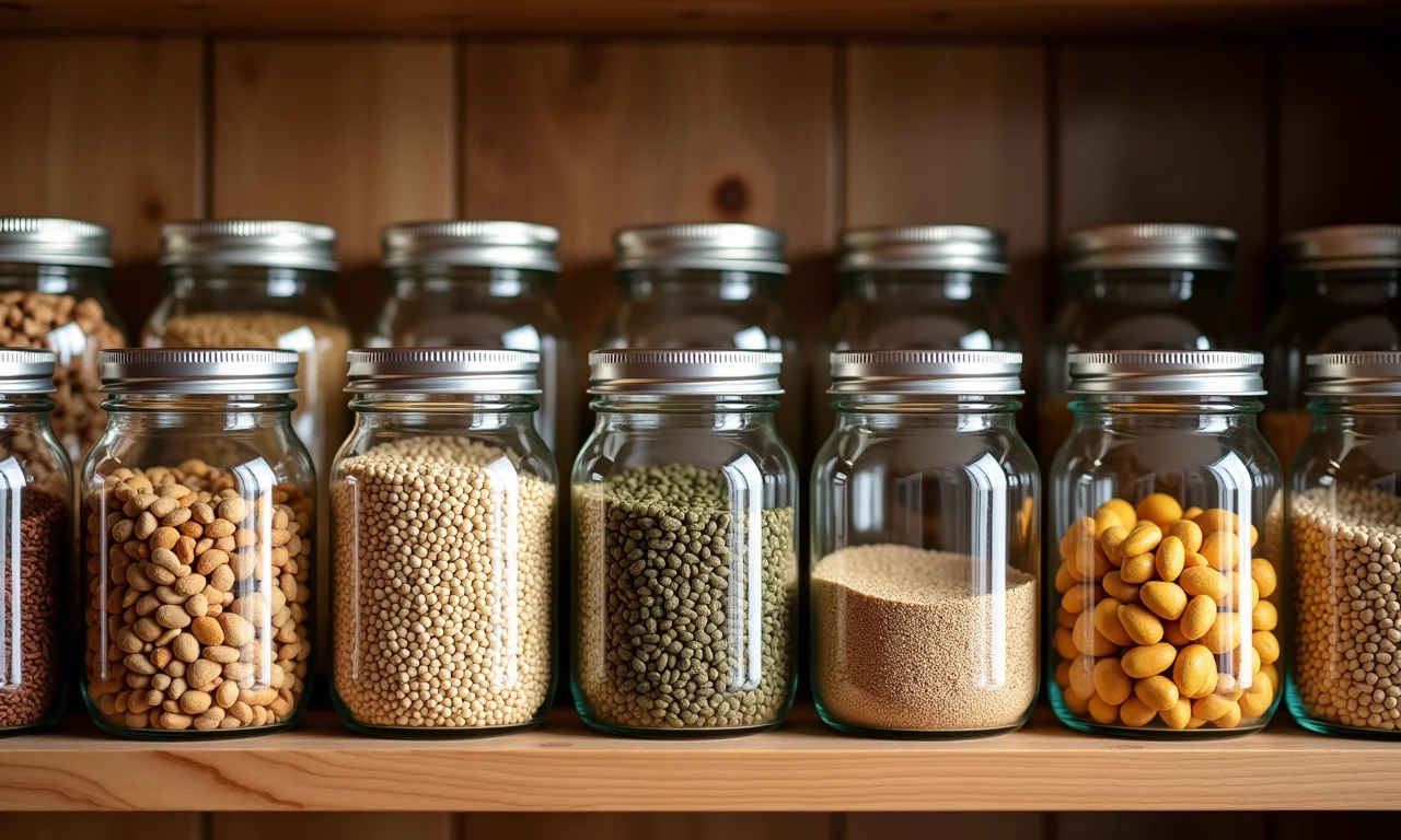 Potes de vidro com grãos, castanhas e sementes.