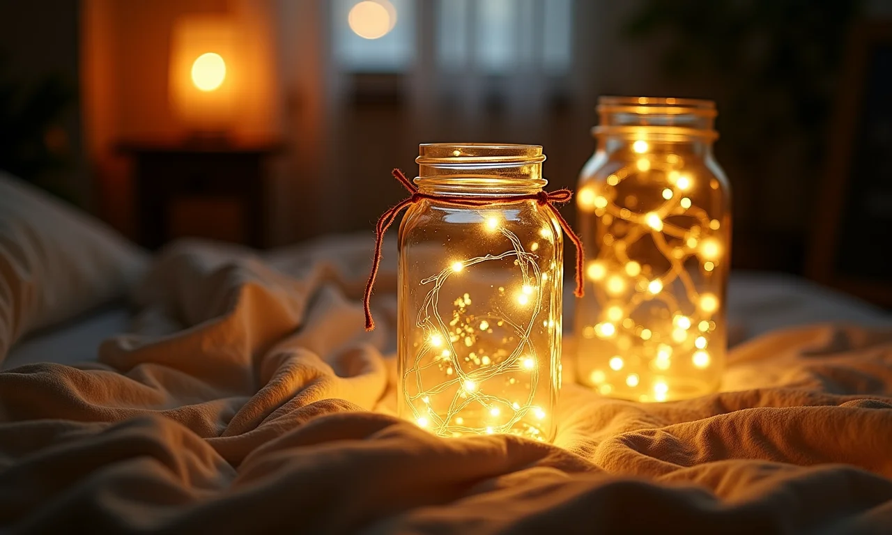 Potes de vidro decorados com luzes de fada em um quarto.