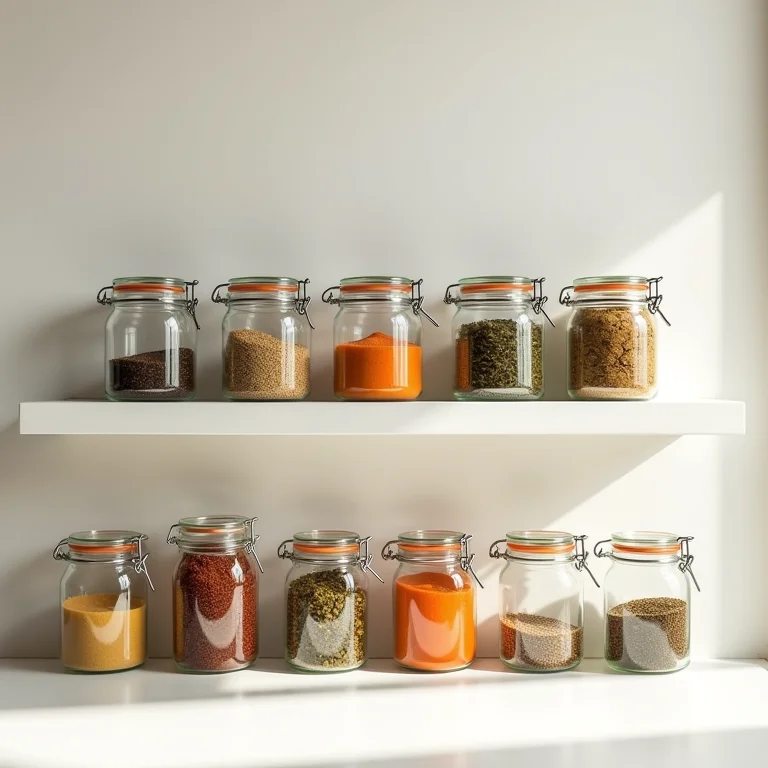 Potes de vidro decorativos na cozinha