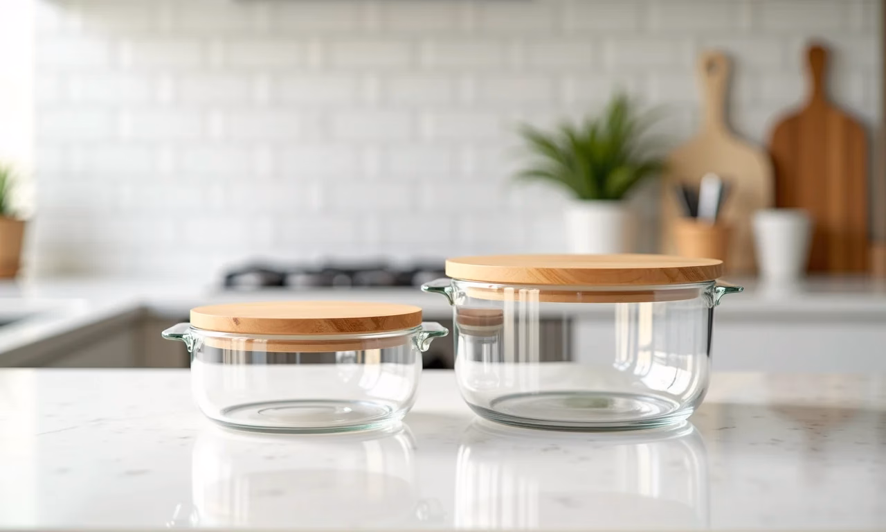 Potes herméticos de acrílico com tampas de bambu em bancada de cozinha iluminada.