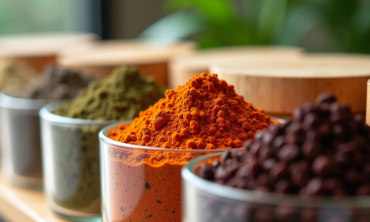 Potes redondos de acrílico com tampa de bambu, cheios de especiarias coloridas.