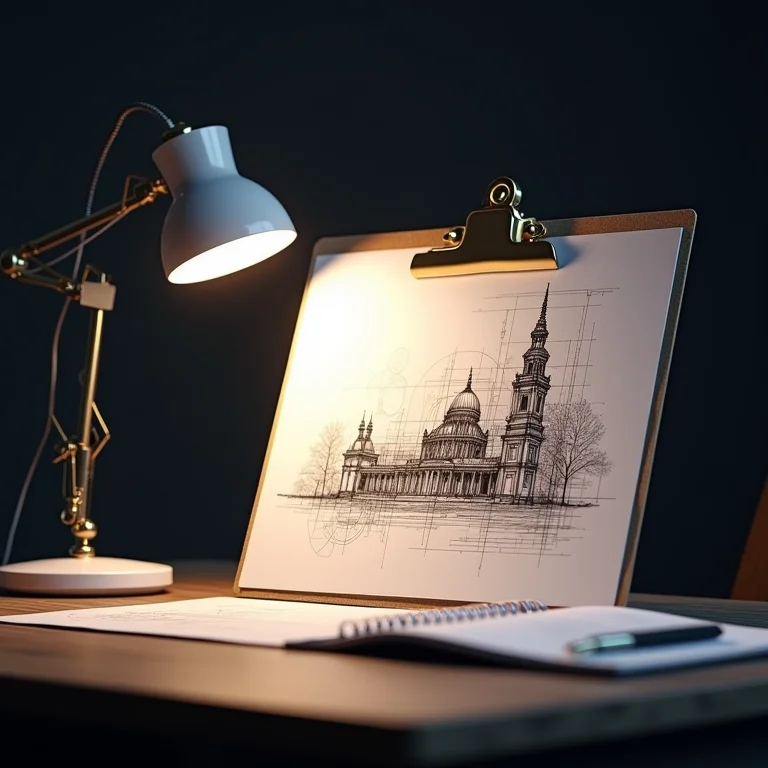 Prancheta expondo projetos e desenhos.