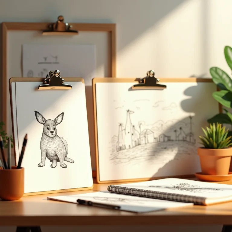 Pranchetas exibindo desenhos infantis em um escritório