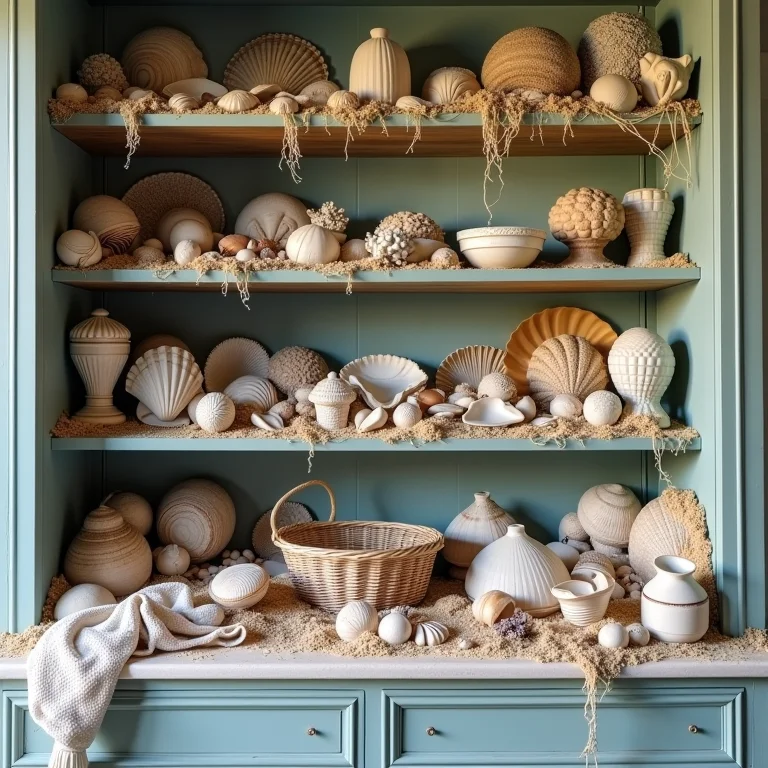 Prateleira de casa de praia exageradamente decorada com objetos aleatórios.