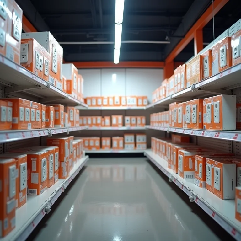 Prateleira de um outlet de materiais de construção com interruptores e tomadas com desconto