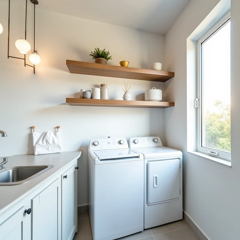 Prateleiras aéreas maximizando o espaço vertical em uma área de serviço pequena.