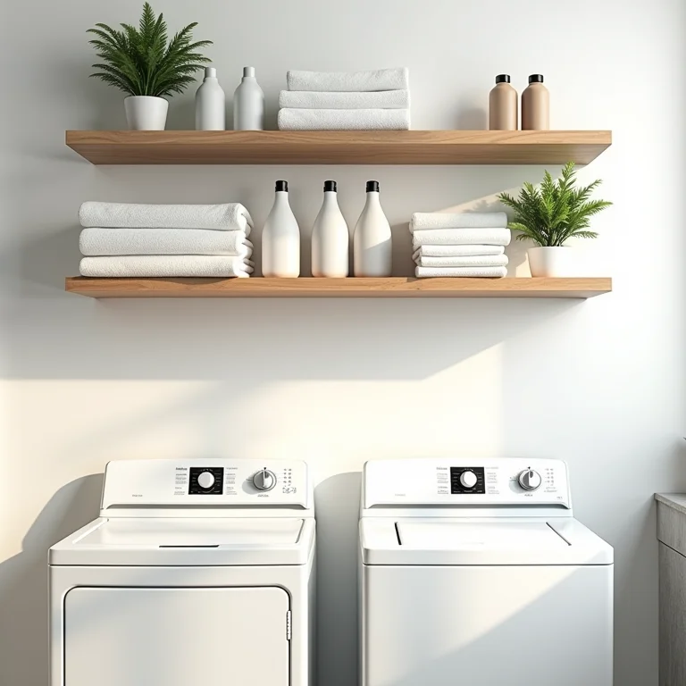 Prateleiras aéreas otimizando espaço na lavanderia