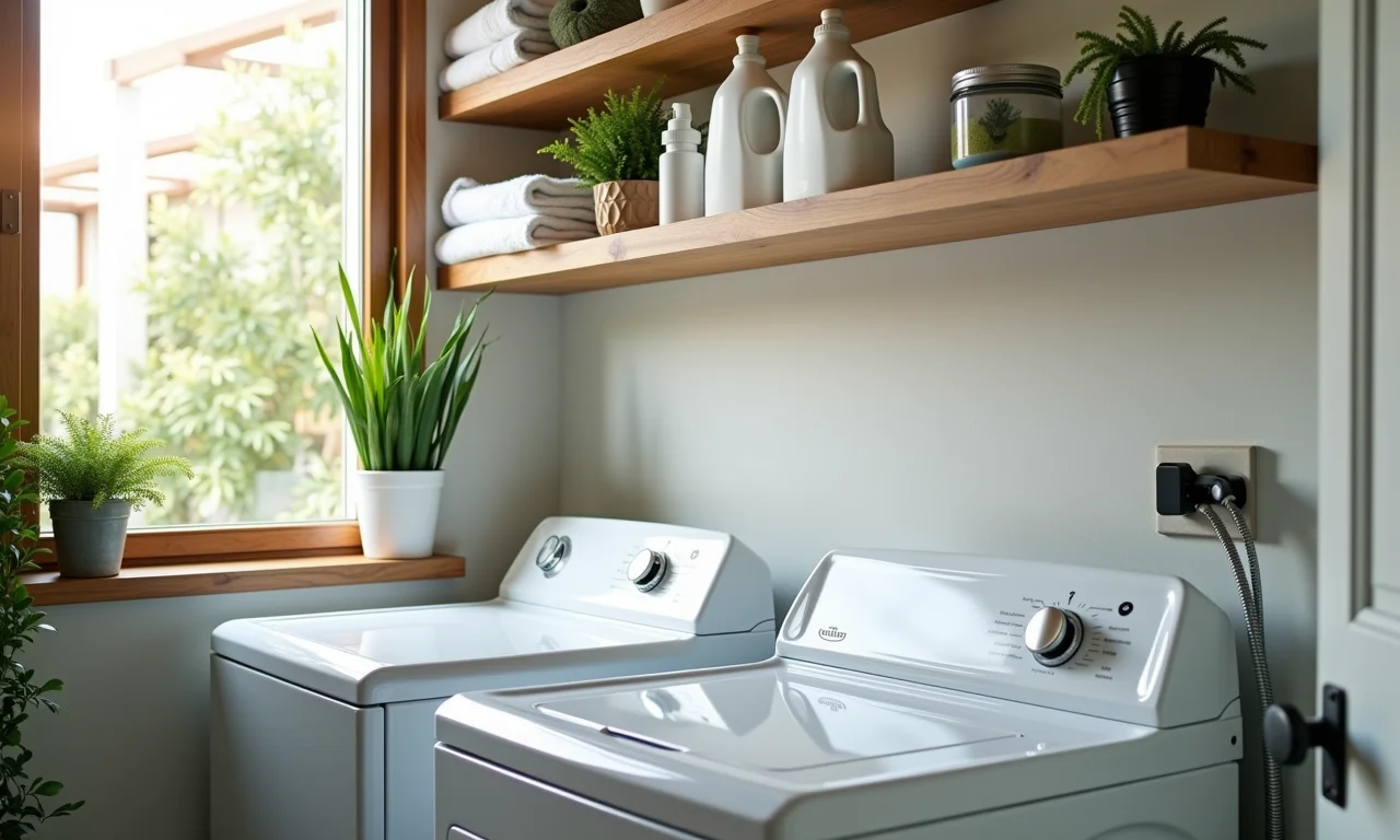 Prateleiras aéreas otimizando o espaço vertical em uma pequena lavanderia.