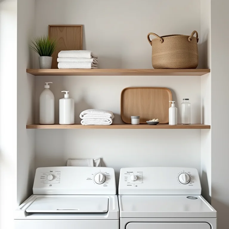 Prateleiras aéreas otimizando o espaço vertical na área de serviço.