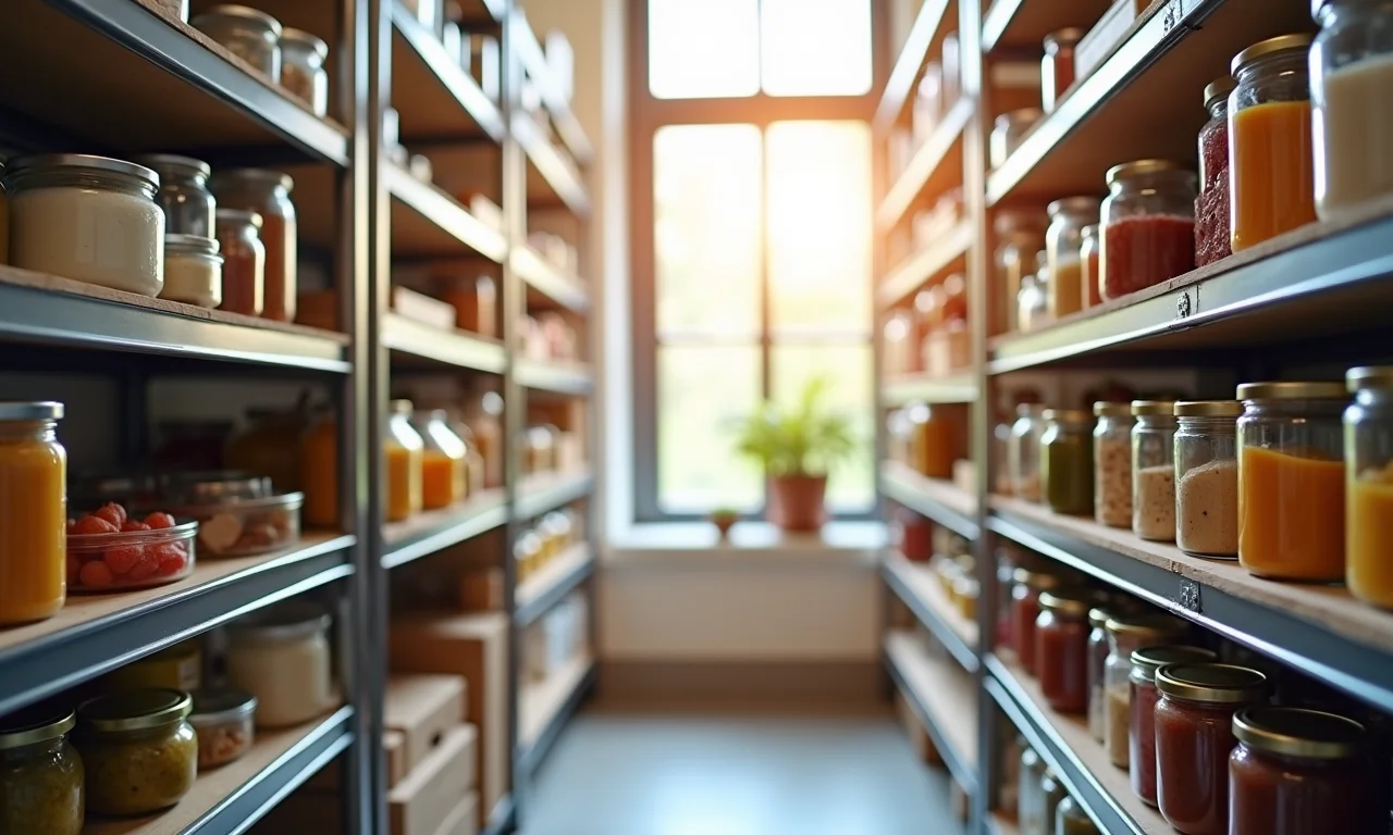 Prateleiras de aramado em uma despensa, exibindo a visibilidade dos itens armazenados.