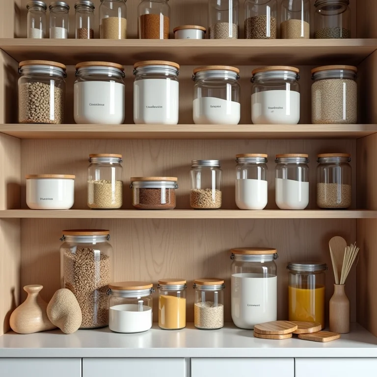 Prateleiras de despensa organizadas com recipientes etiquetados.