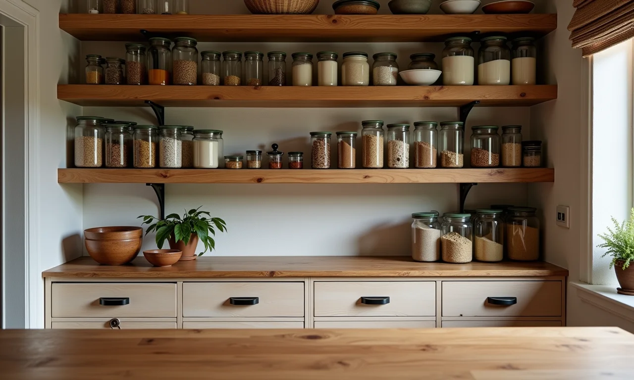 Prateleiras de madeira em despensa com design elegante e versátil.