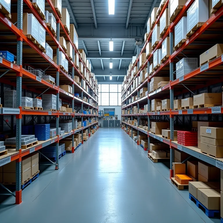 Prateleiras de um depósito de materiais de construção com componentes elétricos