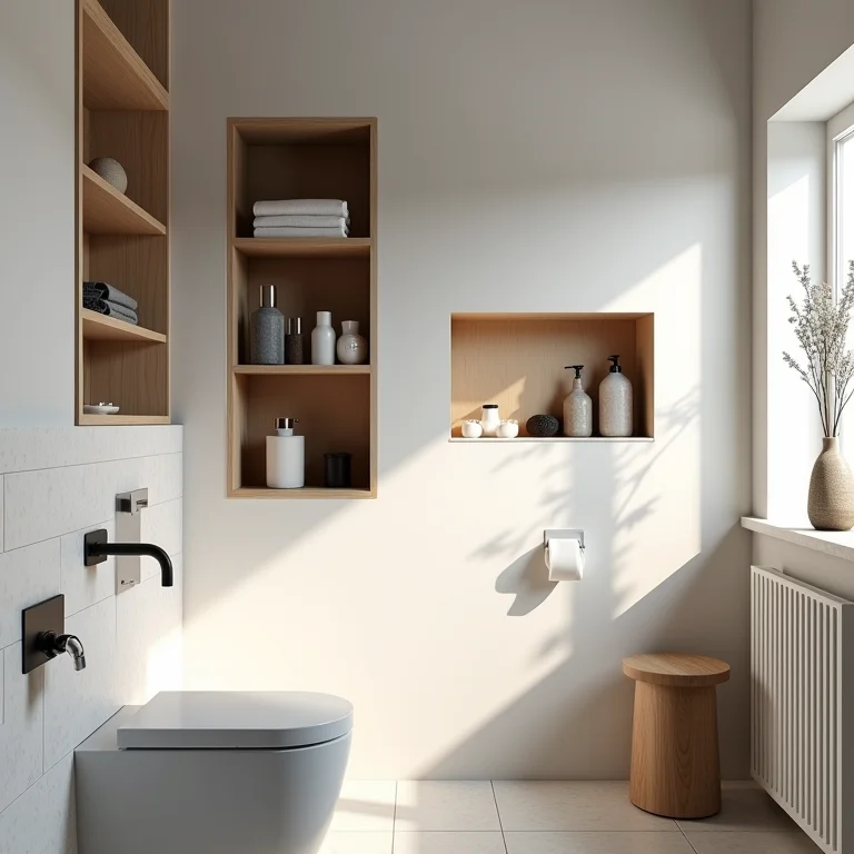 Prateleiras e nichos otimizando o espaço vertical em um lavabo