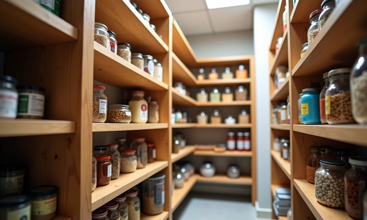 Prateleiras fixas em despensa, destacando uma solução duradoura.