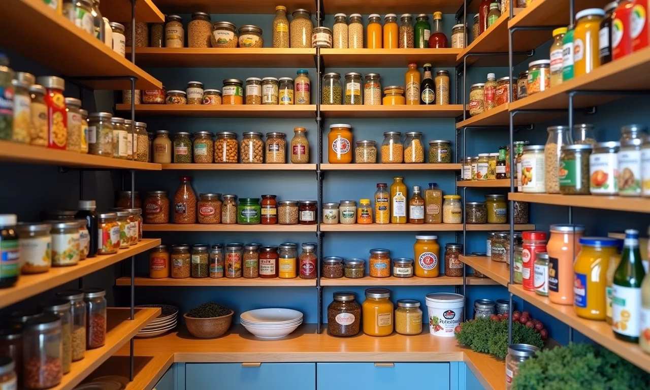 Prateleiras organizadas em uma despensa brasileira, mostrando diferentes tipos e alimentos.