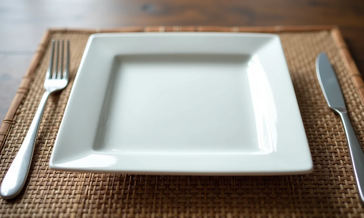 Prato quadrado alinhado em sousplat quadrado de tecido, harmonia geométrica.