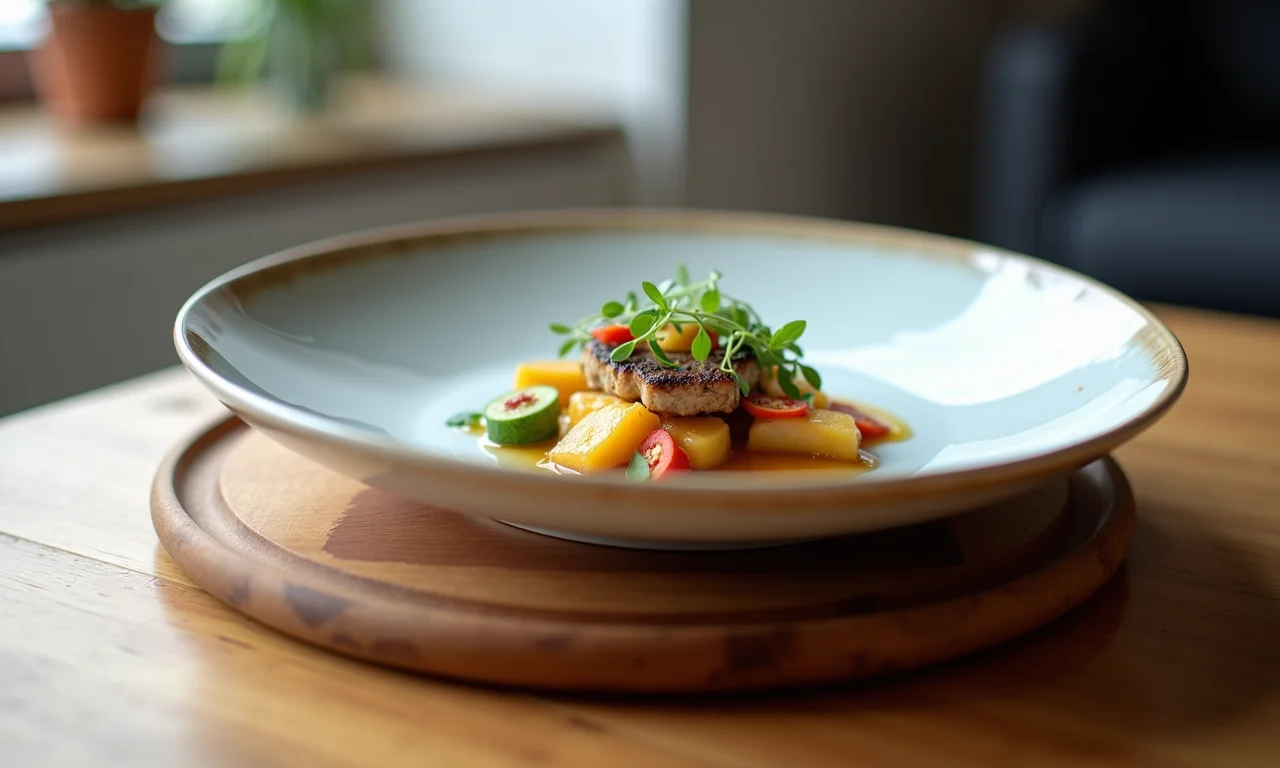 Prato redondo sobre sousplat de madeira com prato quadrado, contraste moderno.