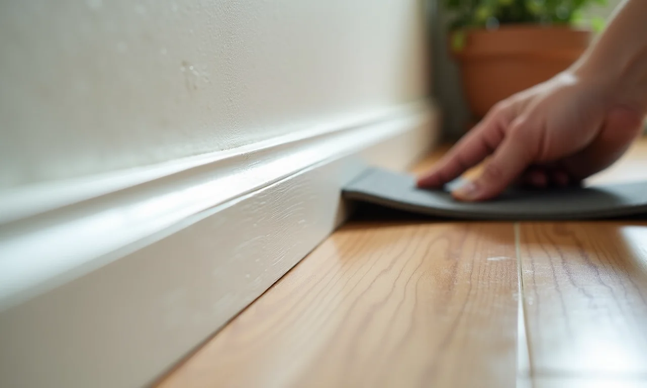 Preparando o rodapé para pintura com lixa.