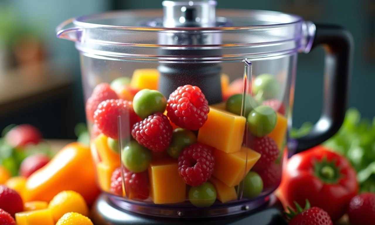 Processador de alimentos preparando frutas e vegetais.
