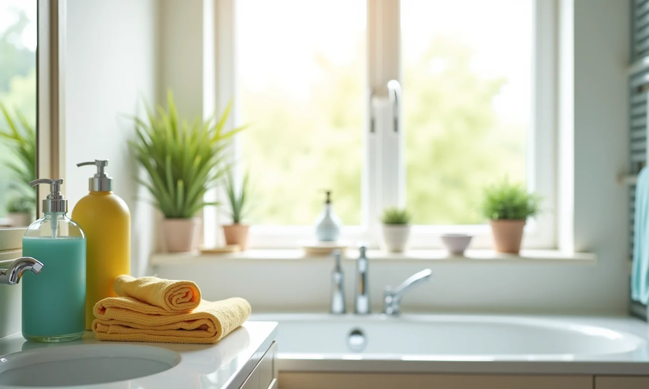 Produtos de limpeza biodegradáveis em banheiro sustentável.