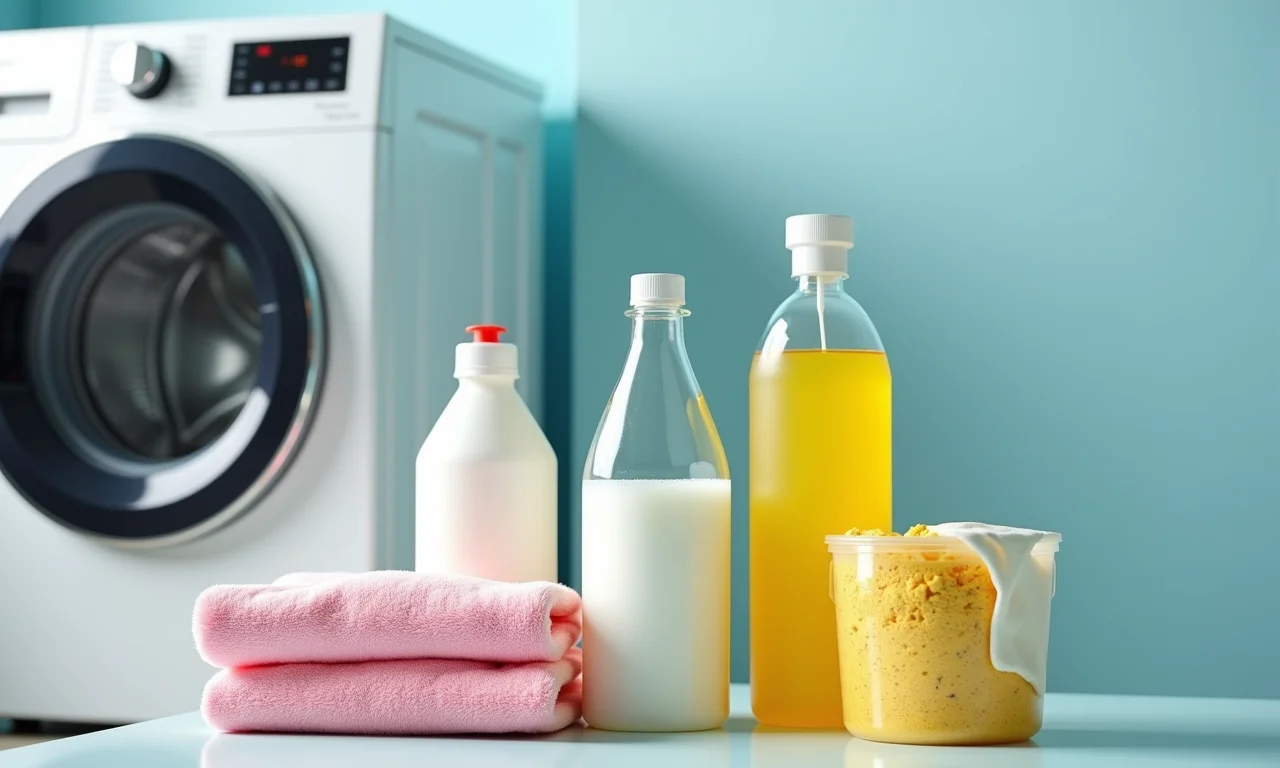 Produtos de limpeza perto da máquina de lavar: vinagre, bicarbonato, água sanitária.