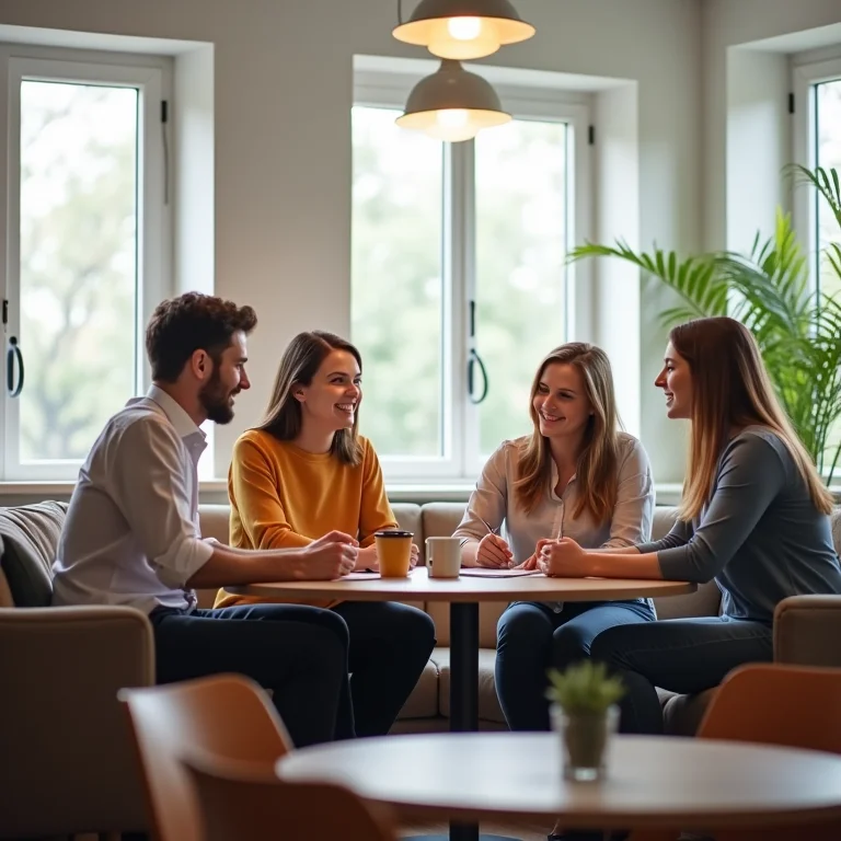 Professores motivados colaborando em sala de professores renovada.