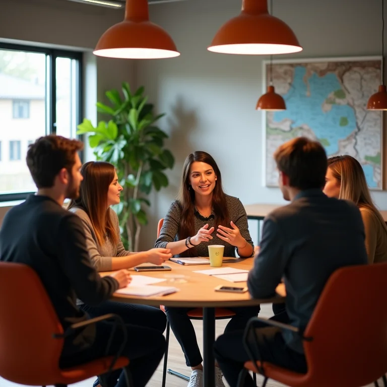 Profissionais diversos colaborando em um coworking com design alinhado à marca