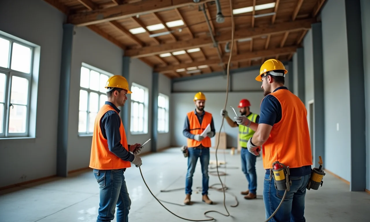 Profissionais qualificados trabalhando na reforma de um galpão.