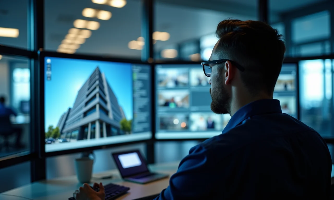 Profissional de segurança monitorando sistema de prédio em sala de controle.