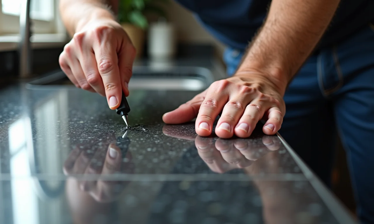 Profissional inspecionando lasca em granito preto São Gabriel.