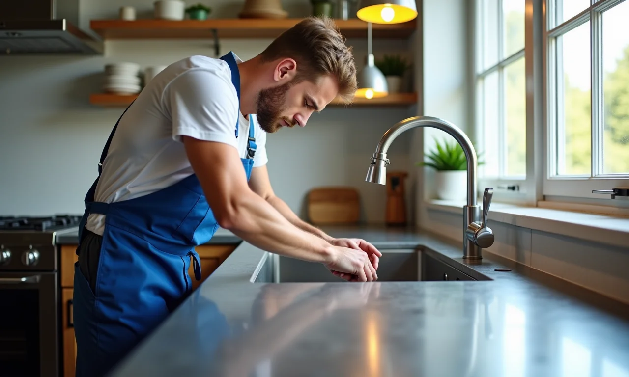 Profissional instalando bancada de inox em cozinha moderna.