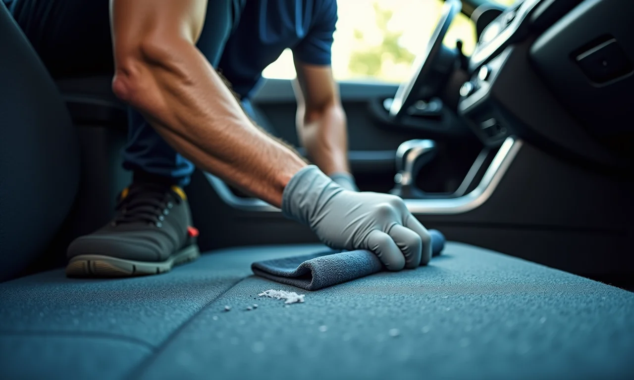 Profissional limpando o carpete do carro.
