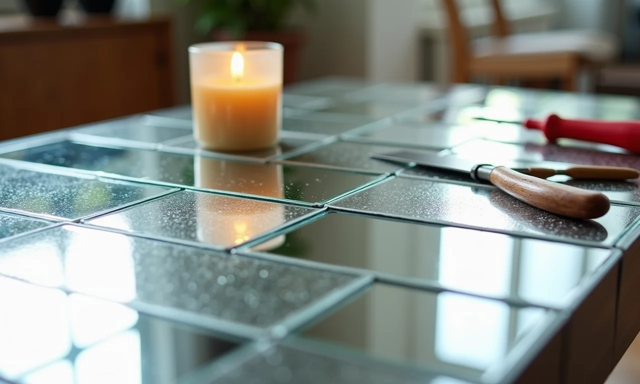 Projeto DIY de mesa espelhada em casa com ferramentas e materiais.