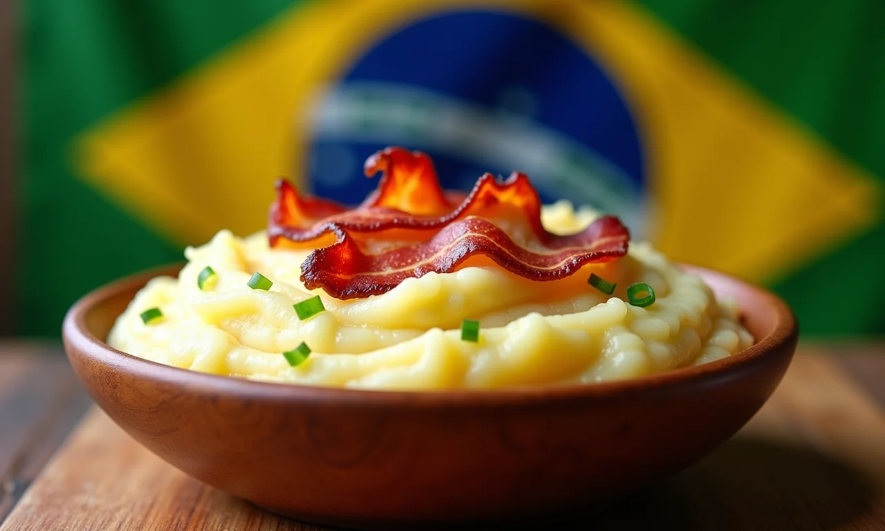 Purê de batata com bacon crocante em tigela de madeira.