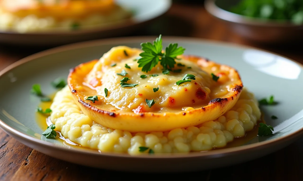 Purê de batata com queijo gratinado servido em prato.
