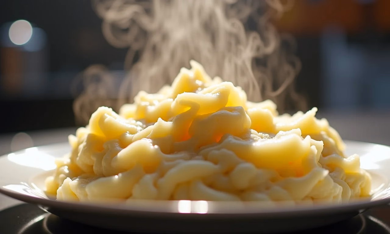 Purê de batata cremoso sendo servido em um prato.