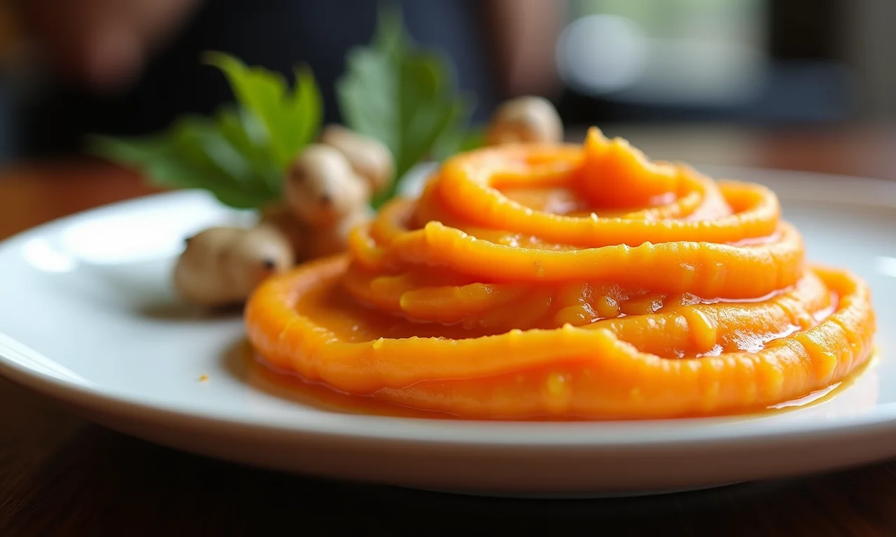 Purê de batata doce com gengibre em prato.