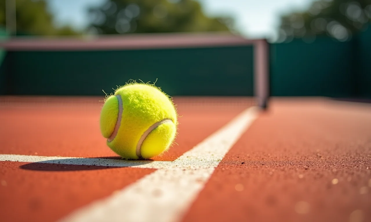 Quadra de tênis de piso rápido com bola em movimento.
