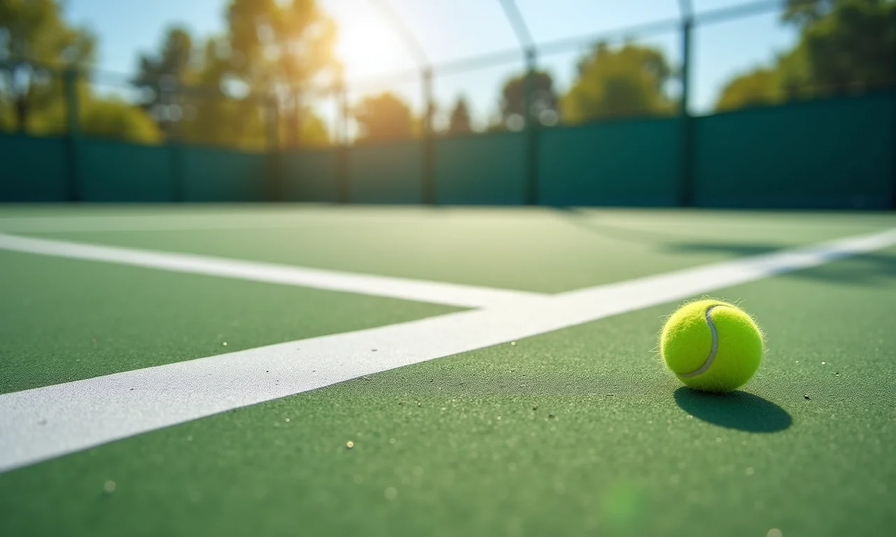 Quadra de tênis de piso sintético, cores vibrantes.