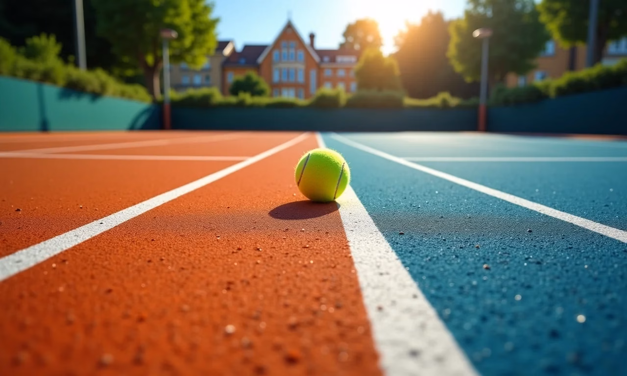 Quadra de tênis mostrando lado a lado saibro e piso rápido.