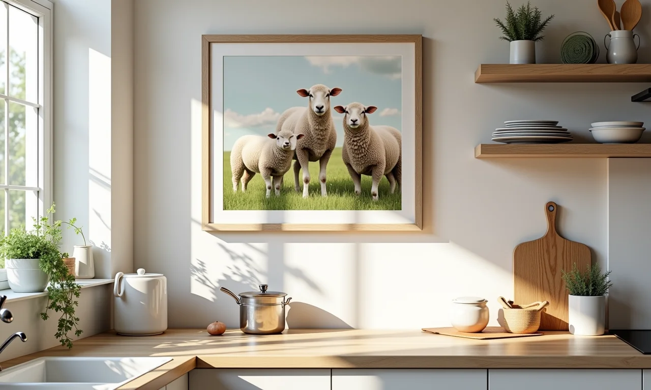 Quadro com tema de ovelhas pendurado na parede da cozinha em estilo campestre.